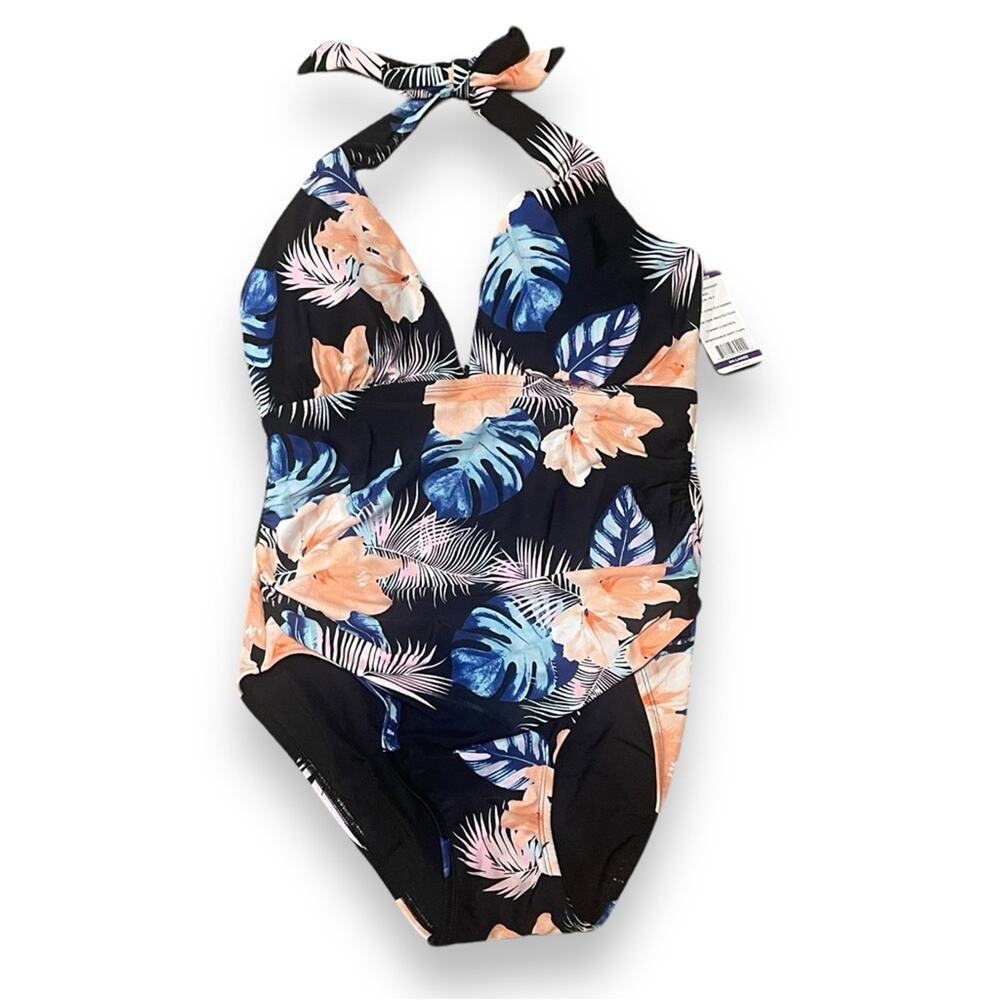 DKNY Tummy Control Halter Swimsuit Black Pink Blue XXL - Picture 2 of 5